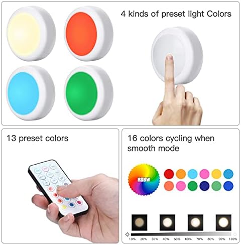HELPLEX LED Puck Lights with Remote, 6 Pack Color Changing RGBW Stick-On Light, Battery Powered, Dimmable Under Cabinet Lighting with Timer & Memory, Wireless Push Lights for Kitchen & Closet