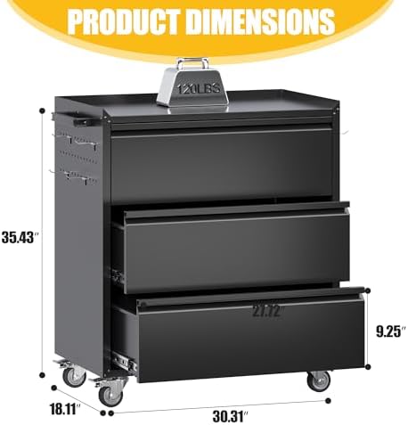 35.5" rolling tool cabinet with 3 drawers and, close-up detail