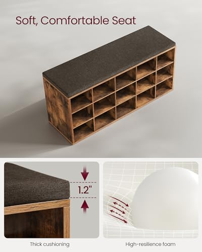 vasagle shoe bench with cushion, 15 compartments, 11.8, front angle view