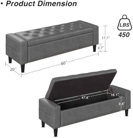 60" storage ottoman bench, faux leather upholstered bed shown in use
