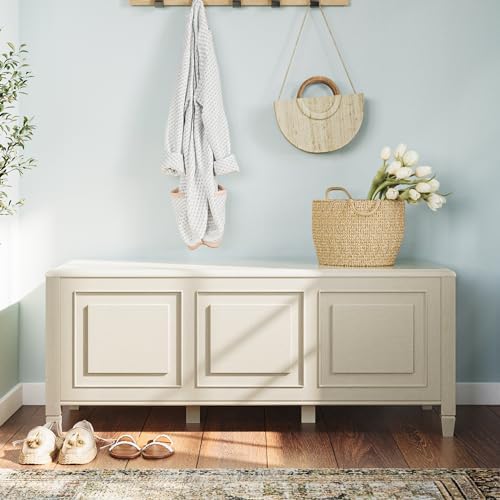simplihome connaught 51" wide solid wood trunk bench shown in use