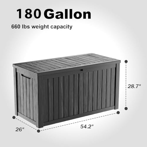 180 gallon outdoor storage box, large resin deck shown in use