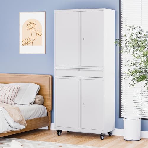 73" metal garage storage cabinet with wheels， rolling on a desk or shelf