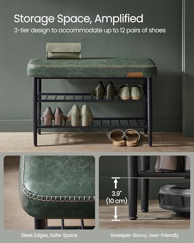 vasagle shoe bench, synthetic leather with stitching, loads, front angle view