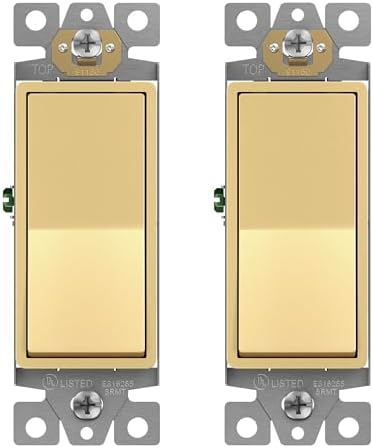 ENERLITES Gold Single Pole Decorator Paddle Light Switch, 15A, 2 Pack | Decorative Rocker Switch, 120V/277V, 3 Wire, Grounding Screw, Residential Grade, Gloss Finish, UL Listed