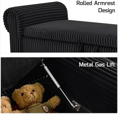 55" corduroy storage ottoman bench, queen bed, black showing dimensions