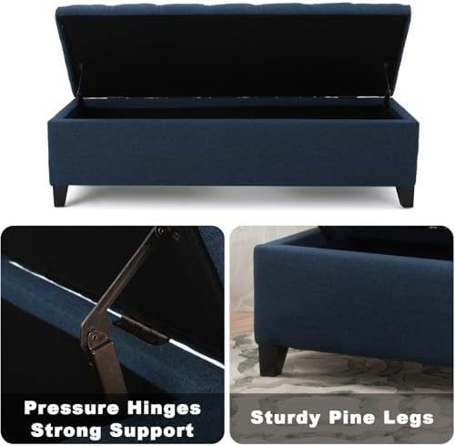 fabric storage ottoman bench, 51" navy blue storage showing dimensions