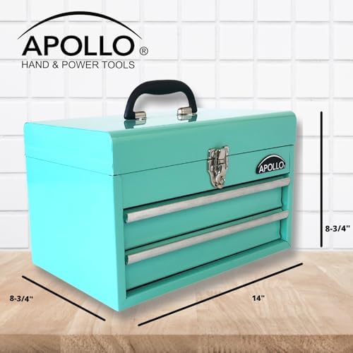 apollo tools 14 inch steel tool box, aqua on a desk or shelf