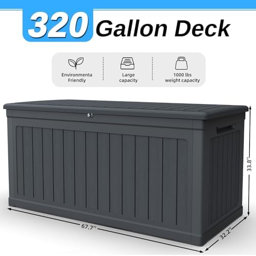 320 gallon outdoor storage deck box, waterproof resin shown in use