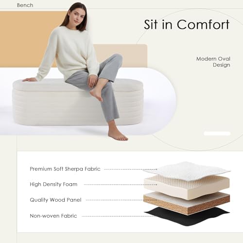 53" modern storage ottoman bench, white sherpa showing dimensions