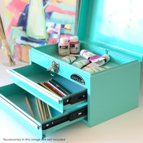 apollo tools 14 inch steel tool box, aqua, close-up detail