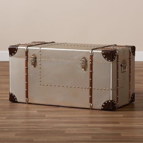 baxton studio bechet storage trunk, silver, front angle view