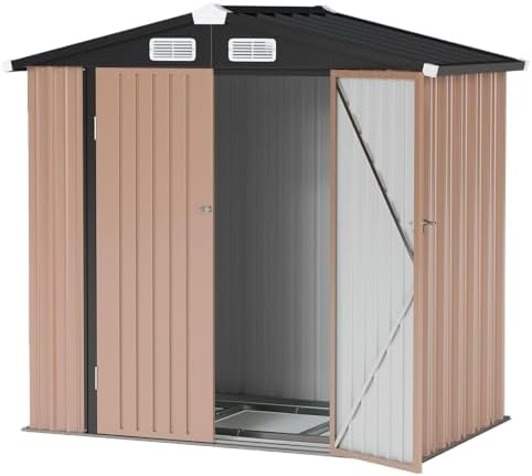 6x4ft outdoor storage shed with base brown, front angle view