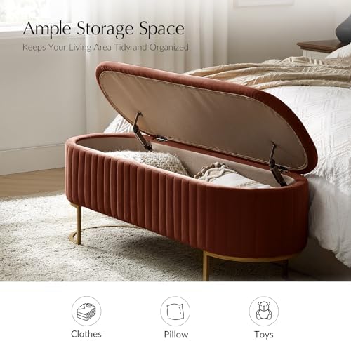 ecoharbor living 50.5" storage bench velvet bedroom ottoman,upholstered showing dimensions