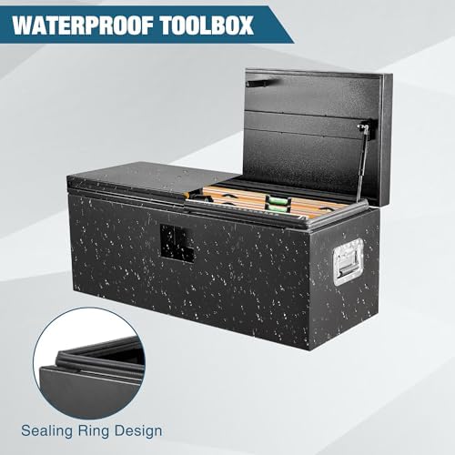 garvee black steel truck bed tool box, trailer, close-up detail