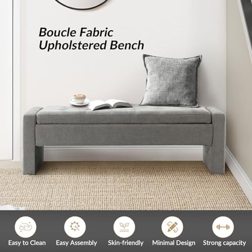 55" modern upholstered storage bench with tufted seat, front angle view