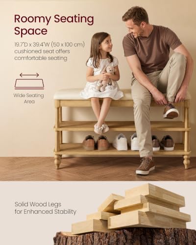 vasagle 2-tier shoe bench, wooden entryway bench, 39.4 showing dimensions