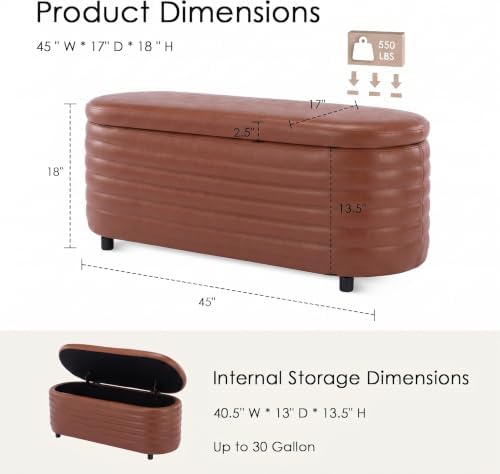 45.5" modern storage ottoman bench, brown leather, close-up detail