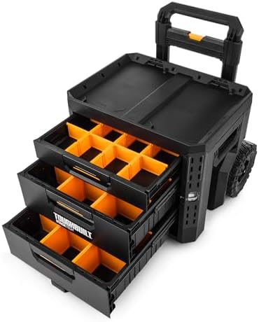 toughbuilt stacktech 3 drawer rolling locking tool box, side view