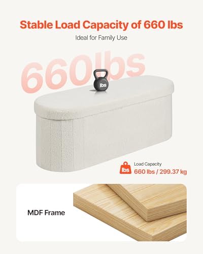 vevor oval storage ottoman bench, foldable teddy fleece, front angle view