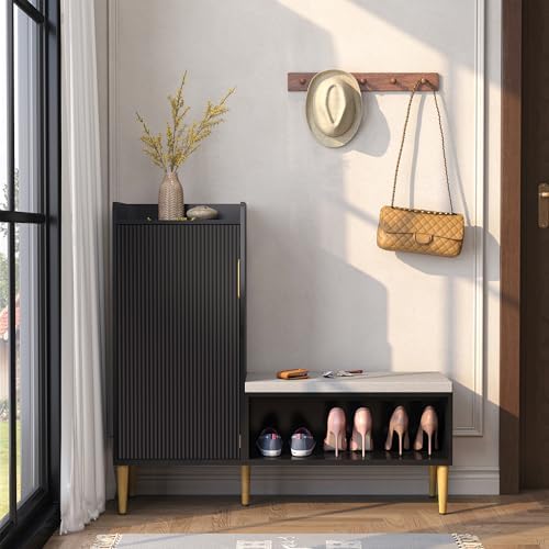 storage bench with fluted door&shelf, l-shaped entryway bench on a desk or shelf