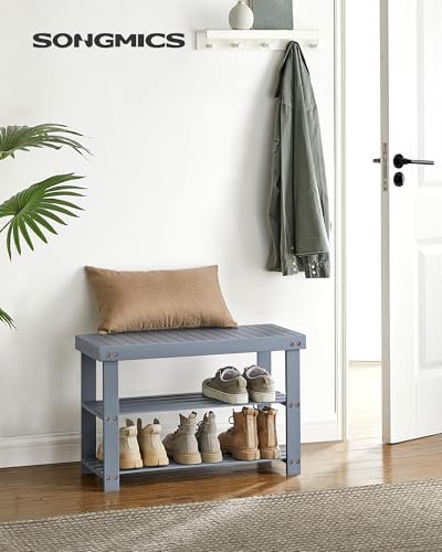 songmics shoe rack bench, 3-tier bamboo entryway bench shown in use