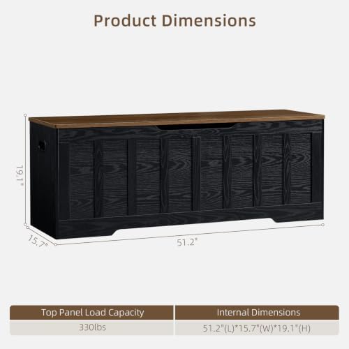 vankiley 51.2" storage chest extra large,wooden storage bench,black+brown, close-up detail