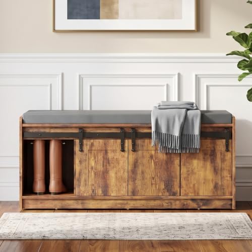 42" farmhouse shoe storage bench with seating cushion,for, front angle view