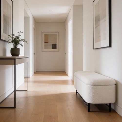 homepop 46" ellipse storage bench with metal legs shown in use