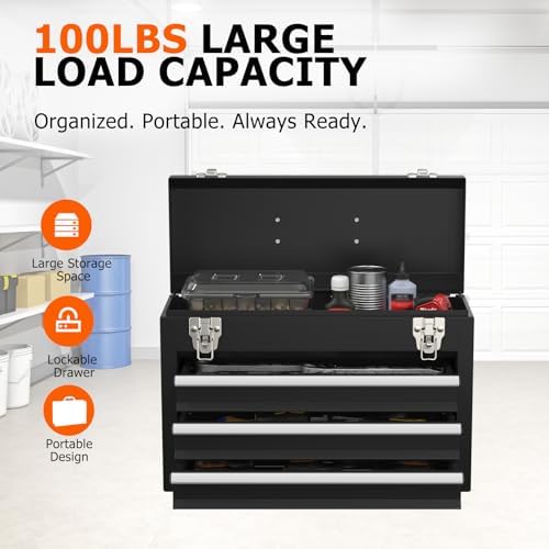 portable metal tool box with drawers, latches tool, close-up detail