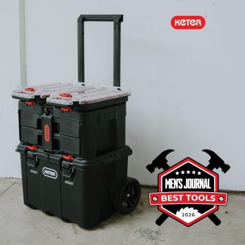 keter stack n rolling tool box modular storage, close-up detail