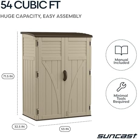 suncast outdoor storage shed, water resistant resin vertical, front angle view