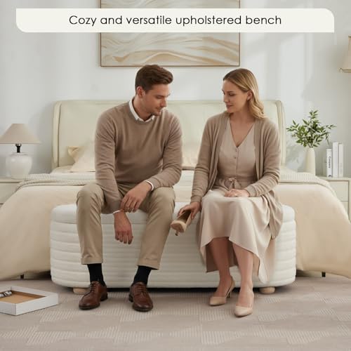53" modern storage ottoman bench, white sherpa on a desk or shelf
