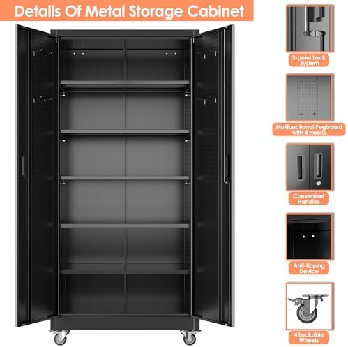 metal garage storage cabinet with wheels and pegboard, side view