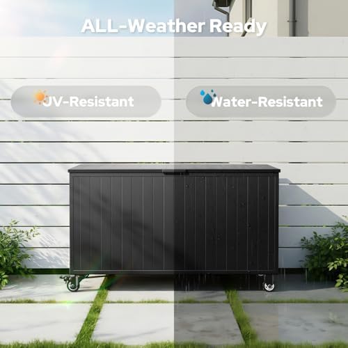 150 gallon outdoor storage box with wheels, metal on a desk or shelf