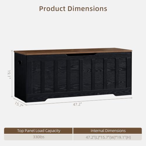 vankiley 47.2" storage chest extra large, storage bench.(black+brown), close-up detail