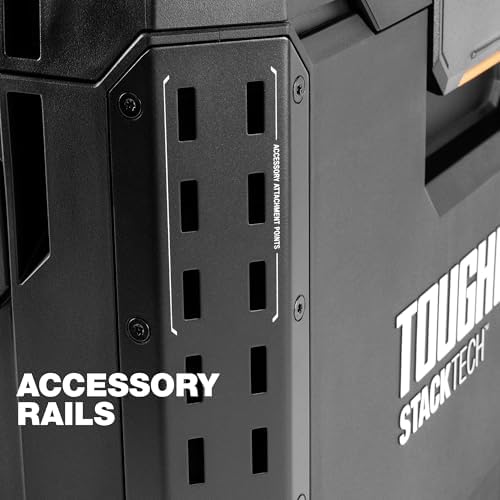 toughbuilt stacktech rolling tool box with 9-inch wheels showing dimensions