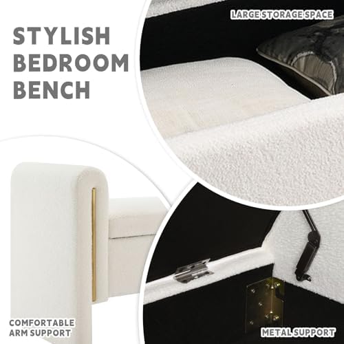 52" upholstered storage bench, white, armrests, wood frame, close-up detail