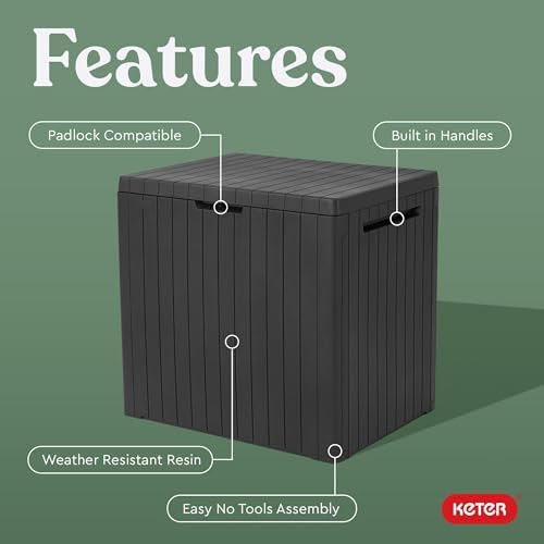 keter city 30 gal outdoor storage box and, close-up detail