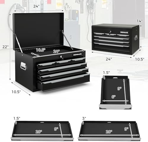 ironmax 24" lockable steel tool box with 6, close-up detail