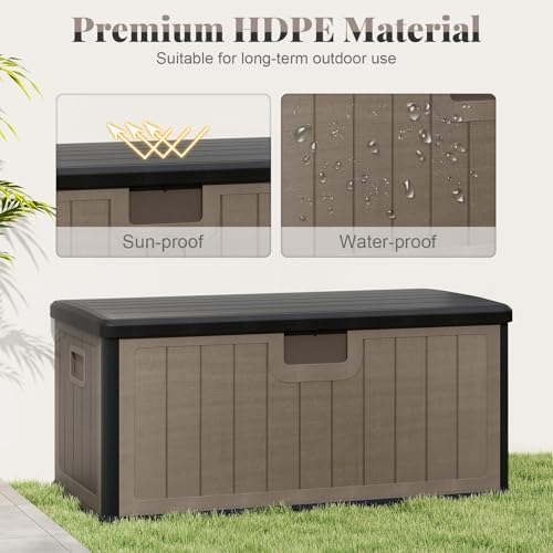 happygrill 100 gallon outdoor storage deck box with showing dimensions