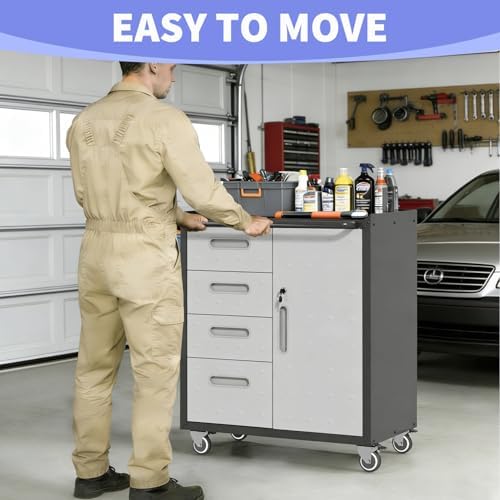 metal garage storage cabinet on wheels, lockable rolling showing dimensions