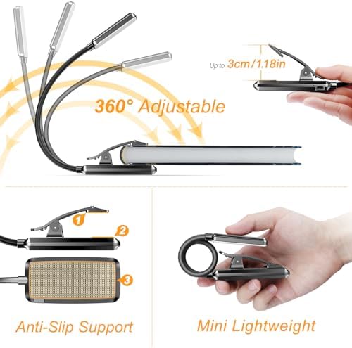 Gritin 9 LED Rechargeable Book Light for Reading in Bed | Eye Caring 3 Color Temps,Stepless Dimming Brightness,80 Hrs Runtime Small Lightweight Clip On Book Reading Light for Studying