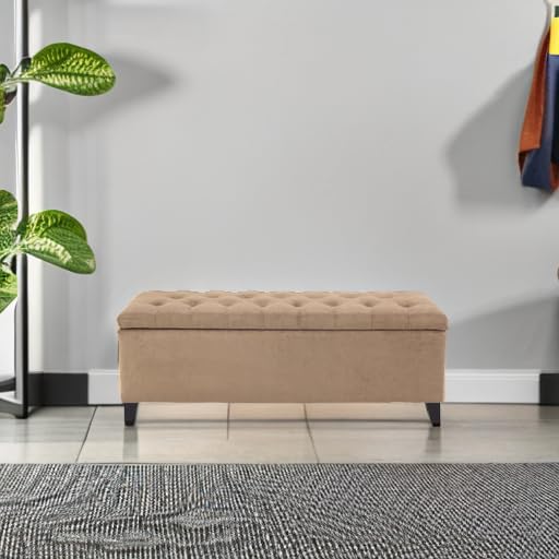 madison park 49" upholstered storage bench, button tufted showing dimensions