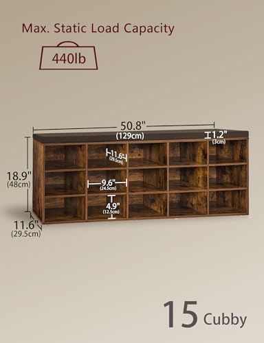 dinzi lvj shoe storage bench with cushion, 15-cubby, close-up detail