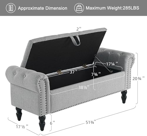 furniliving 51” bedroom bench, end of bed bench, close-up detail