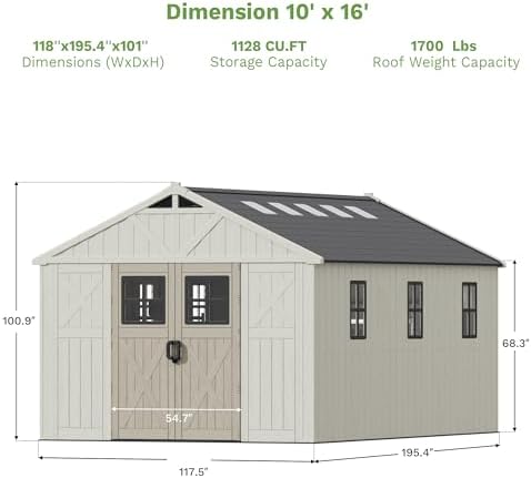 patiowell 10x16 ft resin outdoor storage shed with, side view
