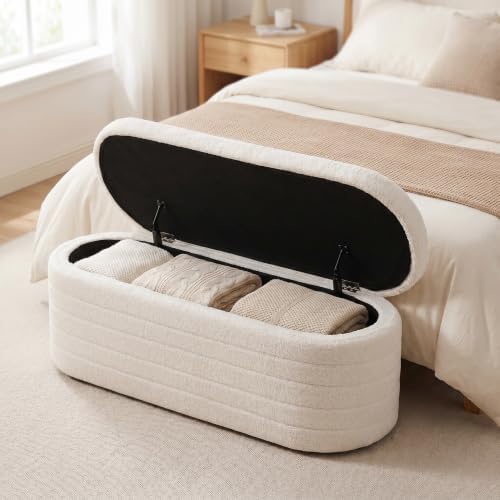 teddy sherpa storage ottoman bench end of bed, side view