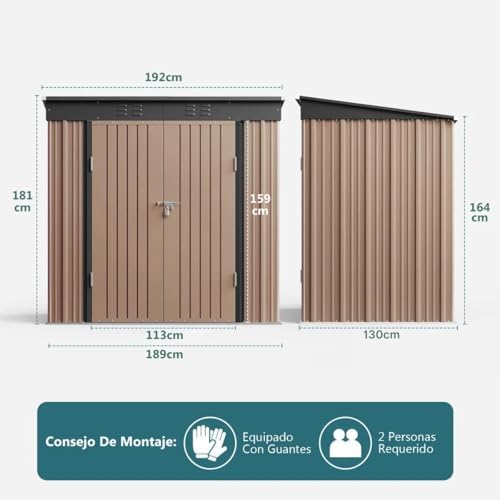 metal garden shed, 2 lockable doors, ventilated, for showing dimensions