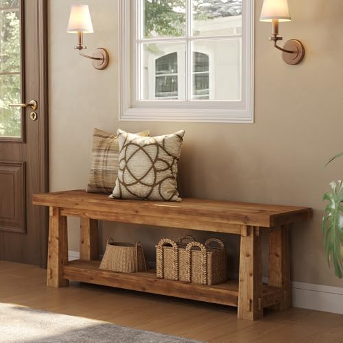 solid wood entryway bench, 55" rustic bench seat, close-up detail